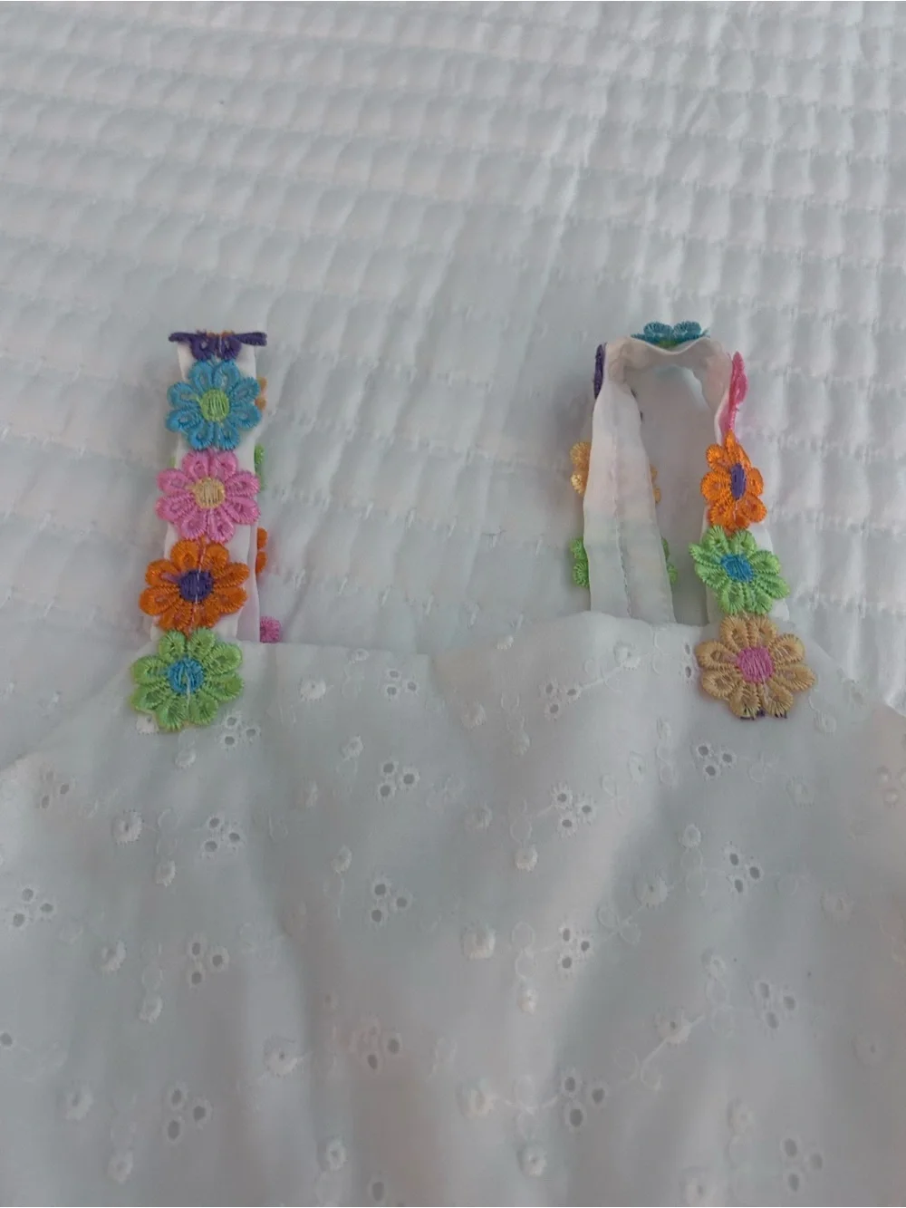White Eyelet Sundress with Neon Colored Flowers Trim for Kids. Size 8